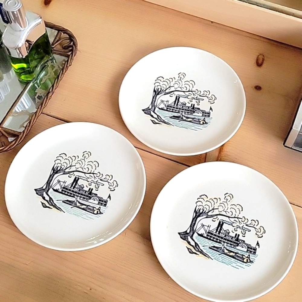 Three (3) Vintage Riverboat Ceramic Dessert Plates 6.25"